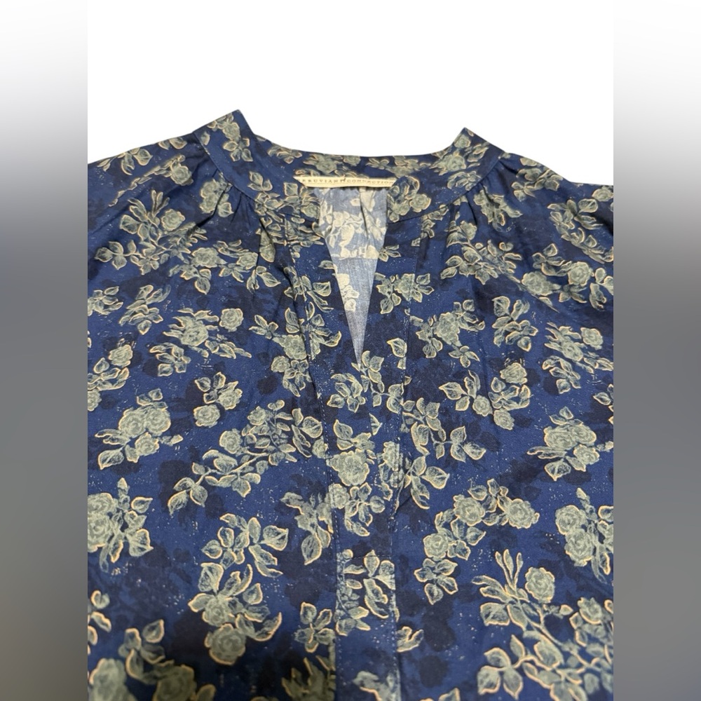 Peruvian Connection Navy Blue Rose 3/4 Sleeve Blouse Size Small - Picture 3 of 7